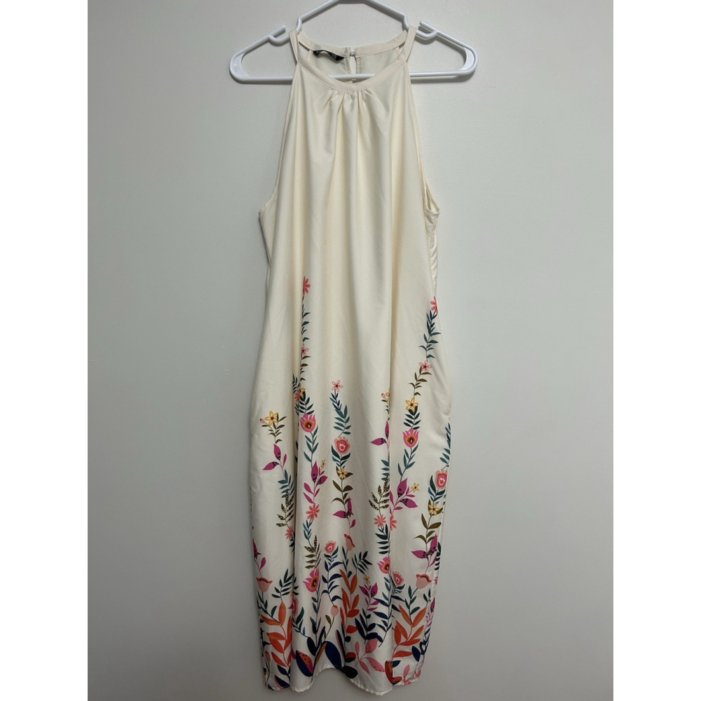 Bloomchic Sz.12 Maxi Cream Floral Halter Dress Garden Party Flowy Elegant Spring